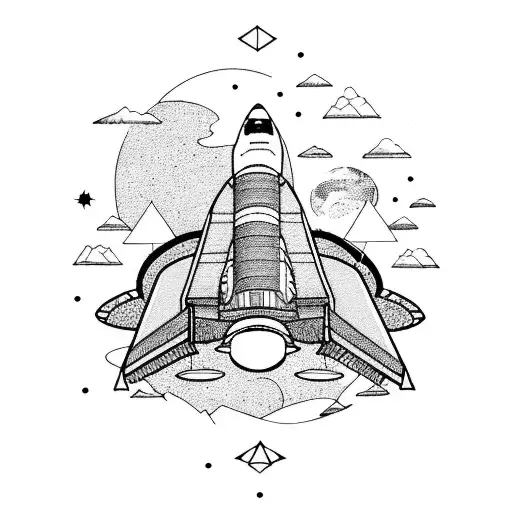 Space shuttle with mountains, planets, triangles tattoo design idea