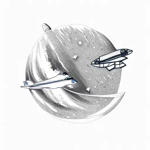 Space shuttle with mountains, planets, triangles tattoo design idea