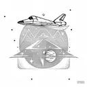 Space shuttle with mountains, planets, triangles tattoo design idea