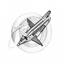 Space shuttle with mountains, planets, triangles tattoo design idea