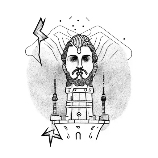 A dotwork tattoo of the Greek god Zeus sitting atop the CN Tower, holding a lightning bolt and overlooking a cityscape inspired by Athens. tattoo design idea