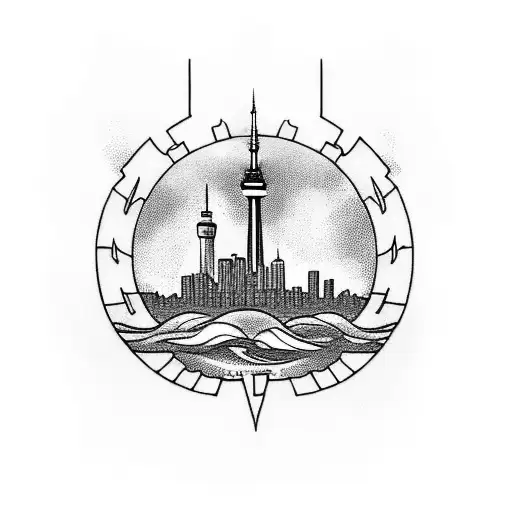 A blackwork tattoo of the Greek god Poseidon holding the CN Tower in one hand and a trident in the other, with a city skyline in the background. tattoo design idea