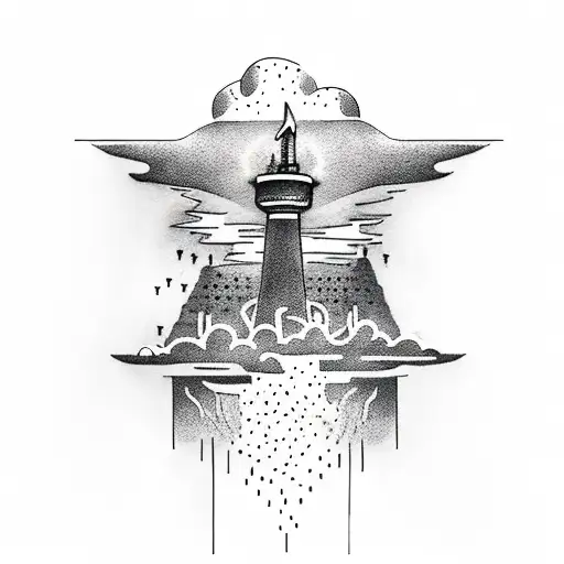 A dotwork tattoo of the Greek god Zeus sitting atop the CN Tower, holding a lightning bolt and overlooking a cityscape inspired by Athens. tattoo design idea