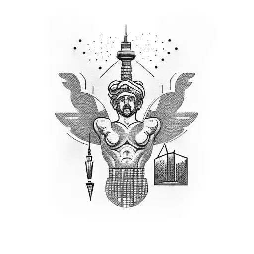 A dotwork tattoo of the Greek god Zeus sitting atop the CN Tower, holding a lightning bolt and overlooking a cityscape inspired by Athens. tattoo design idea