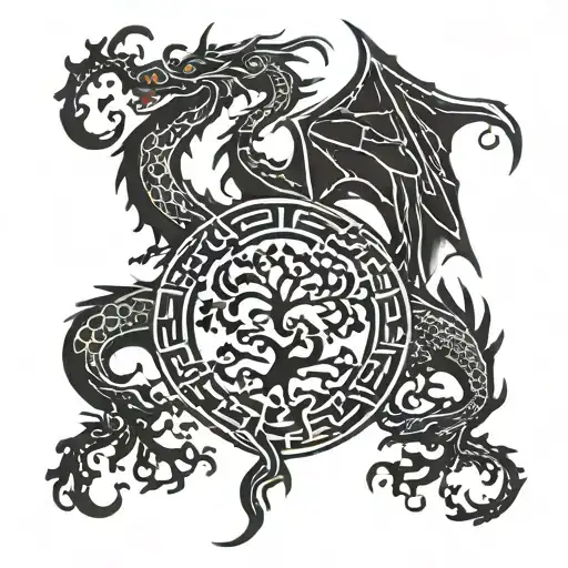 Incorporate a tree of life into a tattoo of a welsh dragon breathing fire, symbolizing family and security tattoo design idea
