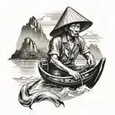 vietnam boat worker mekong river mountain landscape tattoo design idea