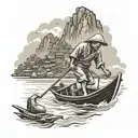 vietnam boat worker mekong river mountain landscape tattoo design idea