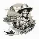 vietnam boat worker mekong river mountain landscape tattoo design idea