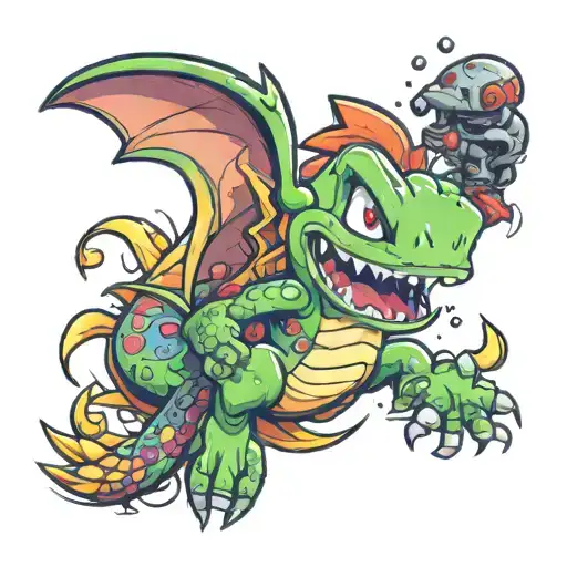 a colorful artistic sleeve with a gaming theme. combine crash bandicoot Spyro. yoshi from Mario. squirtle from pokemon tattoo design idea