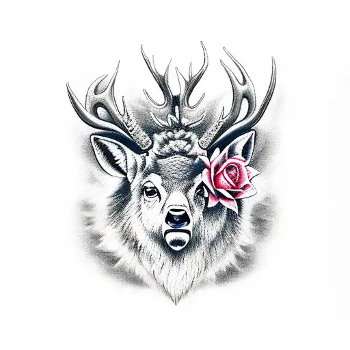 Un cerf, une silouhette de loup, de la fôret, un hibou, une rose, une citation sur la famille et athéna tattoo design idea
