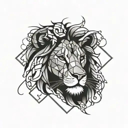 geometric lion with heart face  tattoo design idea
