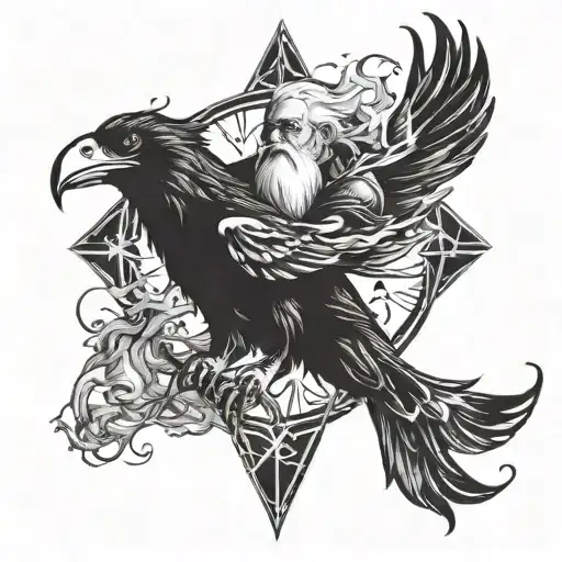 Old man odin transforming into a lightning surrounded raven tattoo design idea