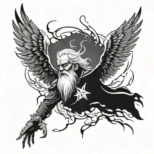 sleeve of  Old man odin transforming into a lightning surrounded raven tattoo design idea