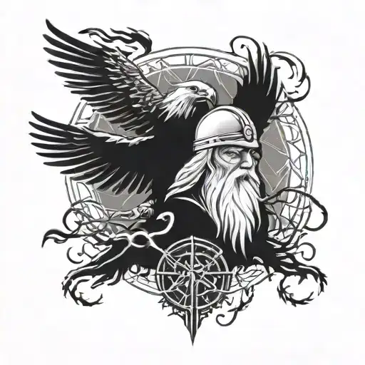 Odin transforming into a lightning surrounded raven tattoo design idea