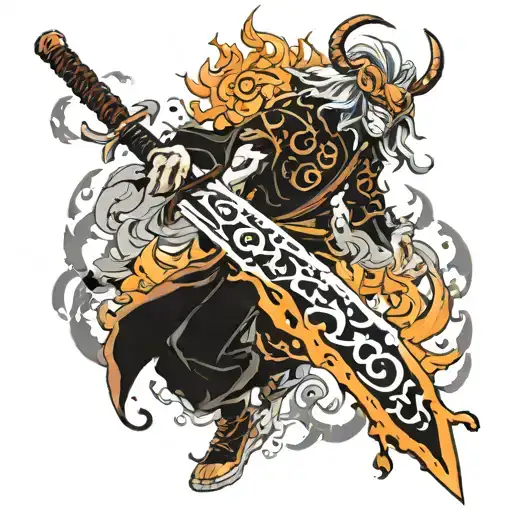 demon slayer rengoku sword surrounded with fire flames tattoo design idea