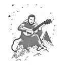 A silhouette of a mountain climber strumming a guitar on a cliff, with a sun and sparrow in the background tattoo design idea