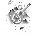 A silhouette of a mountain climber strumming a guitar on a cliff, with a sun and sparrow in the background tattoo design idea
