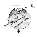 A mountain landscape with a guitar-shaped lake reflecting the sun and sparrows flying above tattoo design idea