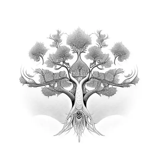 Create a surreal and intricate tattoo design featuring a baobab tree of life merged with sacred geometry and fractal pat tattoo design idea