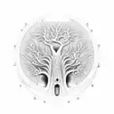 Create a surreal and intricate tattoo design featuring a baobab tree of life merged with sacred geometry and fractal pat tattoo design idea