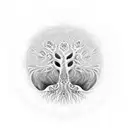 Create a surreal and intricate tattoo design featuring a baobab tree of life merged with sacred geometry and fractal pat tattoo design idea