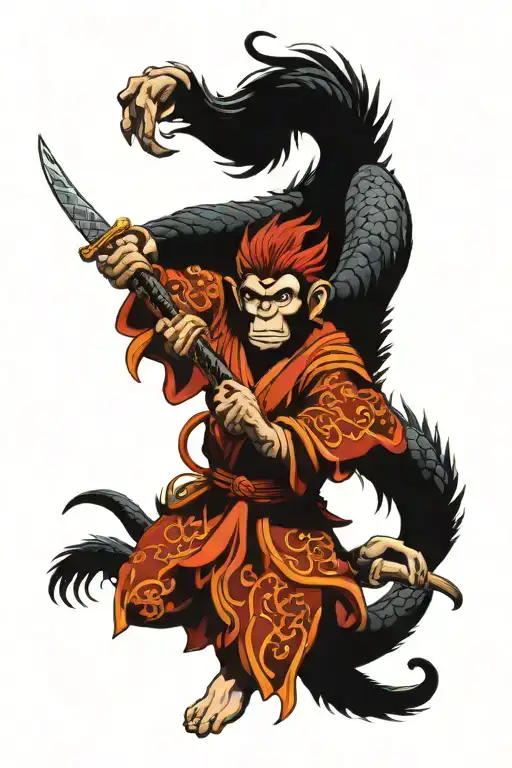 Monkey king with dragon wrapped tattoo design idea