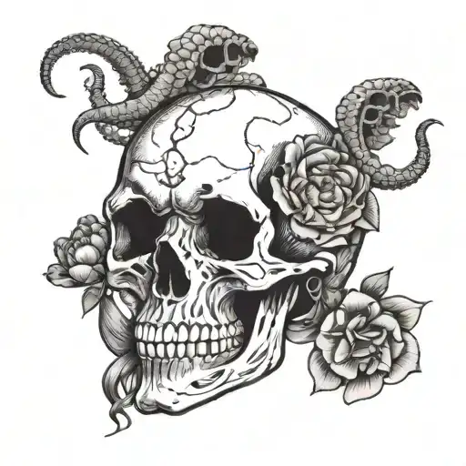 A skull lying in sand on a beach surround by peonies with an octopus approaching. tattoo design idea