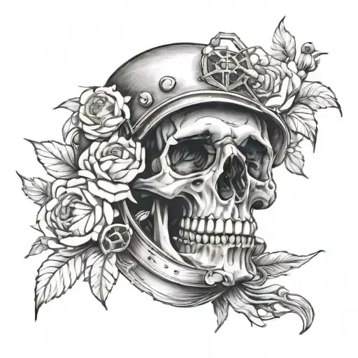 A skull adorned with peonies and seaweed, with an anchor and diving helmet in the background tattoo design idea