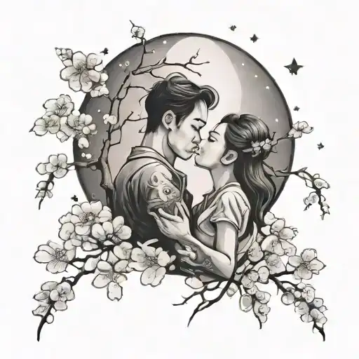 A tattoo of a romantic scene inspired by a favorite Korean drama, featuring a couple under a starry sky with a crescent moon overhead, surrounded by blooming cherry blossom trees tattoo design idea