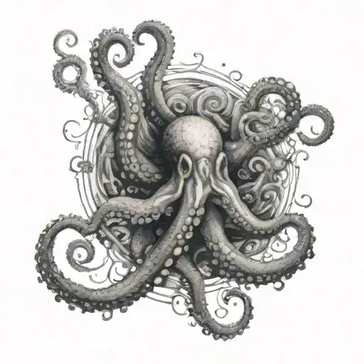 A majestic octopus emerging from a swirling ocean vortex, with intricate tentacles reaching out tattoo design idea