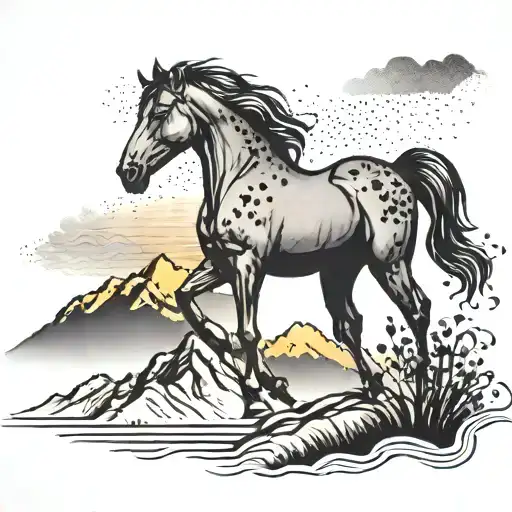 A tattoo of a dramatic sunset over a mountain peak, with a silhouette of a horse grazing peacefully in the foreground tattoo design idea