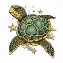sea turtle surrounded by mountains and stars  tattoo design idea