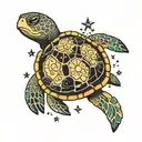 sea turtle surrounded by mountains and stars  tattoo design idea