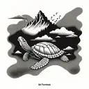 A mountain range with Korean calligraphy spelling out 'Wyoming' and a sea turtle resting at the base tattoo design idea