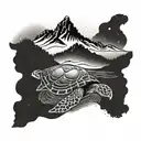 A mountain range with Korean calligraphy spelling out 'Wyoming' and a sea turtle resting at the base tattoo design idea