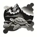A mountain range with Korean calligraphy spelling out 'Wyoming' and a sea turtle resting at the base tattoo design idea