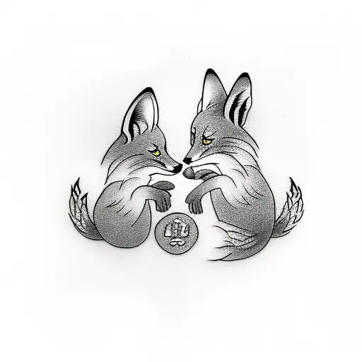 two foxes playing with each other, one with a collar with the number 03 on his neck, and the other with the number 10 tattoo design idea