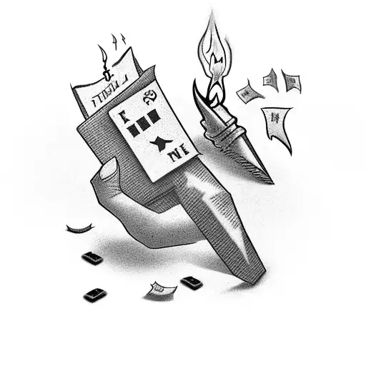 dimly lit table with a bill stamped paid in full three bloody nails and a candle tattoo design idea