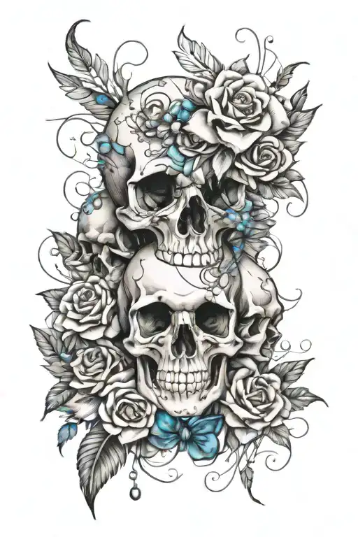 skulls intertwined with pearls and diamond gemstones wrapped around thorny roses with peacock feathers  tattoo design idea