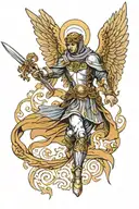 archangel Michael facing forward levitating with hood covering his face and holding sword, with great powerful wings tattoo design idea
