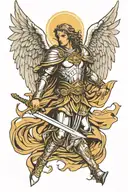 archangel Michael facing forward levitating with hood covering his face and holding sword, with great powerful wings tattoo design idea