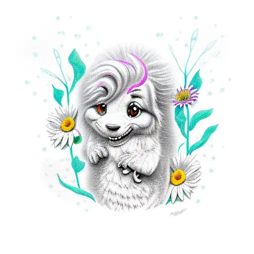 cartoon trex holding daisy tattoo design idea