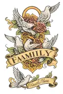 family written on forearm with doves wrapping around it  tattoo design idea