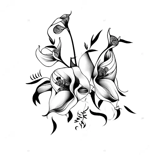 bouquet of flowers with calla lilies and sakura flowers tattoo design idea