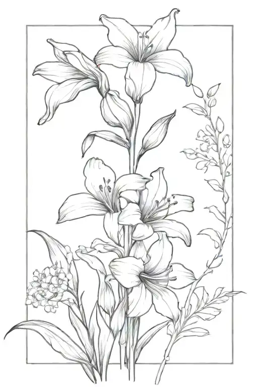 gladiolus flower, iris flower, lily of the valley flower, marigold flower, morning glory flower tattoo design idea