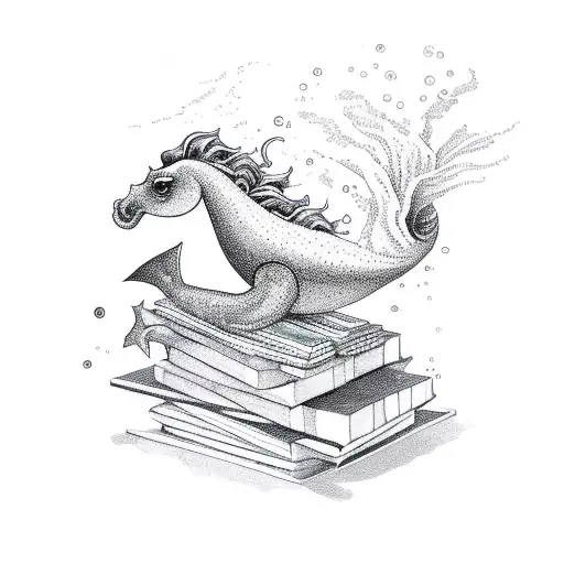 A serene sea horse swimming amidst a library of books tattoo design idea
