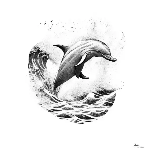 A wave formed by flowing letters, with a dolphin leaping through it tattoo design idea