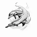 A wave formed by flowing letters, with a dolphin leaping through it tattoo design idea