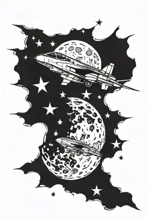 5 stars leading to the moon with fighter jets flying tattoo design idea