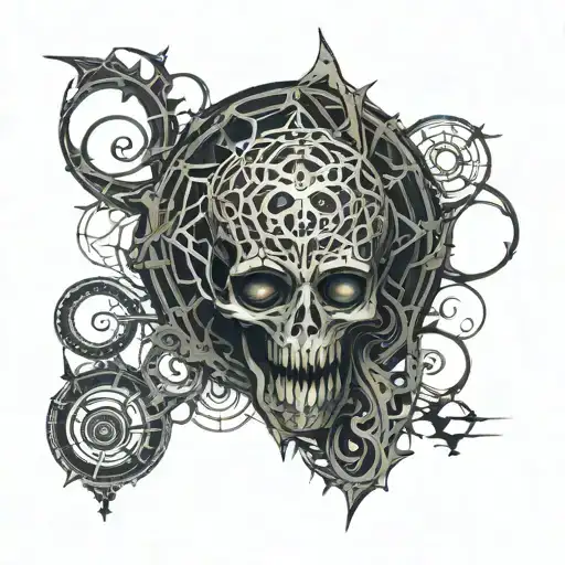 Cybernetic dark ornament with number and serial code  tattoo design idea